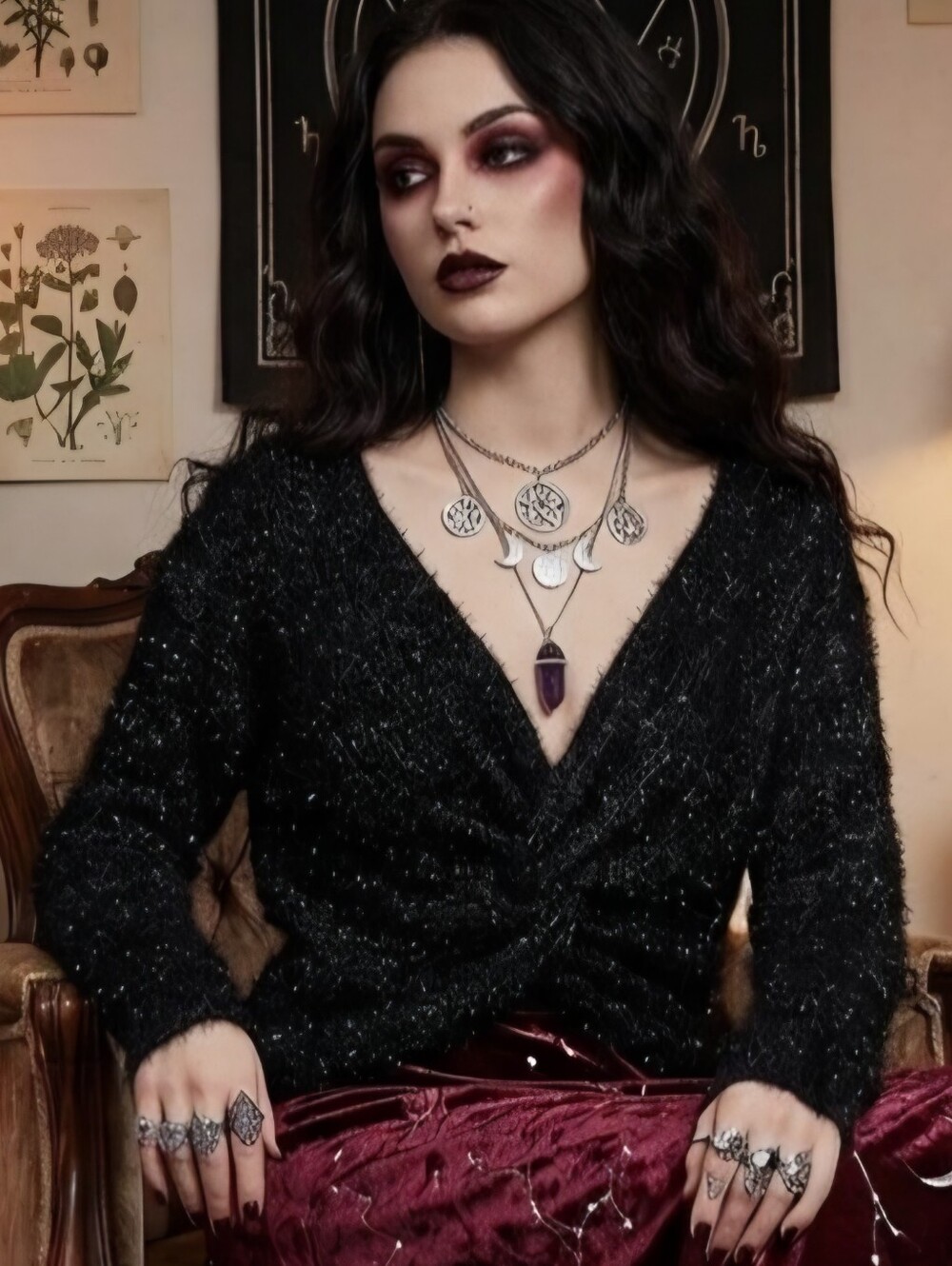 NWT Open Back Or Reverse V-neck Black Sparkle Sweater Goth Vampy Witchy Large